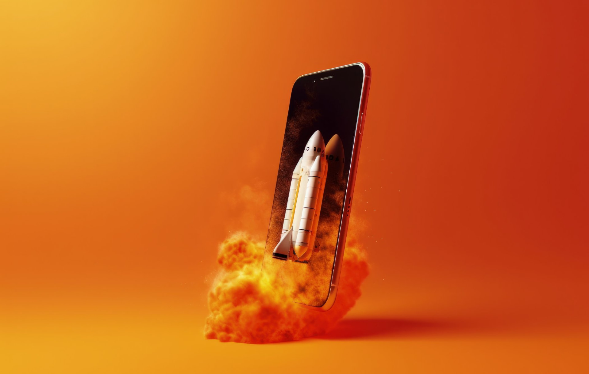 A smartphone launching like a rocket, illustrating paid media growth